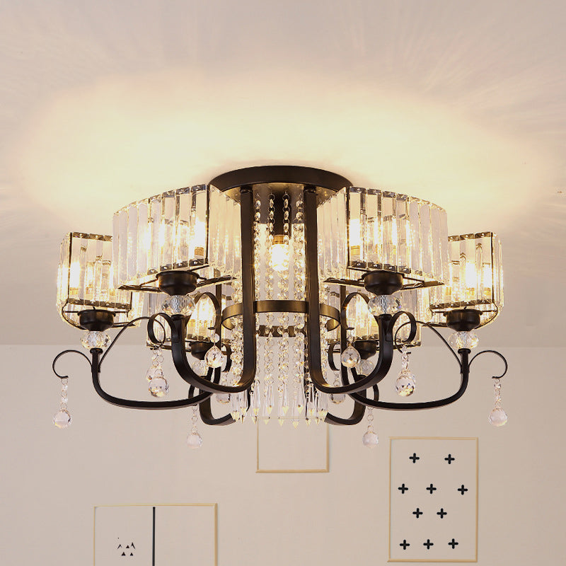 Semi Flush Black Metal Ceiling Lamp With Crystal Cuboid Shade - Swirling Arm 3/7 Heads