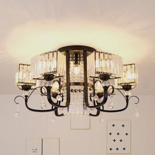 Semi Flush Black Metal Ceiling Lamp With Crystal Cuboid Shade - Swirling Arm 3/7 Heads