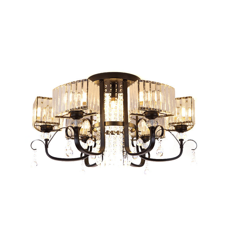 Semi Flush Black Metal Ceiling Lamp With Crystal Cuboid Shade - Swirling Arm 3/7 Heads