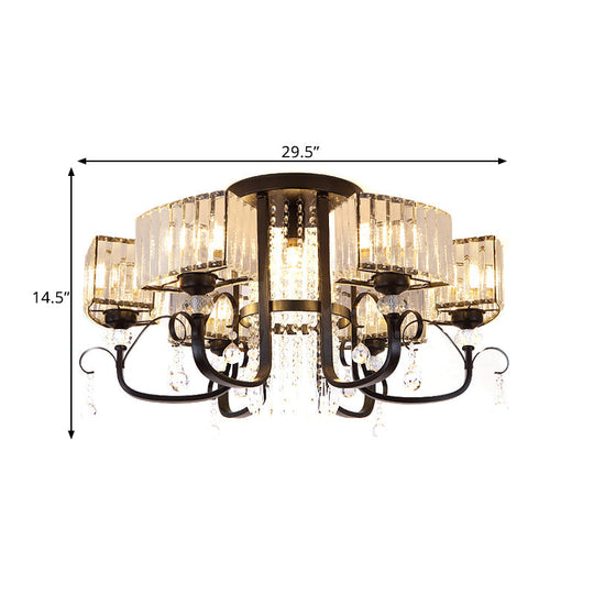 Semi Flush Black Metal Ceiling Lamp With Crystal Cuboid Shade - Swirling Arm 3/7 Heads