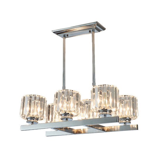 Modern Chrome Crystal Island Light With 6 Cylinder Heads - Perfect For Dining Tables