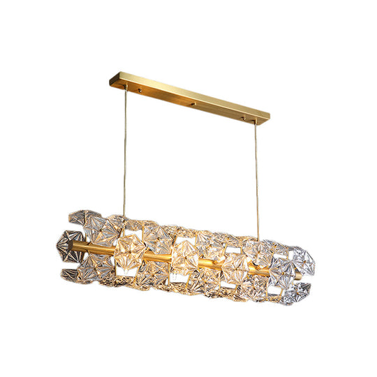 Postmodern Brass Pendant Lamp With Crystal Hexagon Shade For Restaurant Lighting - 18 Bulbs Island