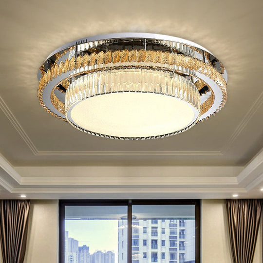 Modern Beveled Glass Crystal LED Drum Ceiling Lamp - 19.5"/23.5" Wide - Chrome Flushmount Lighting for Restaurants