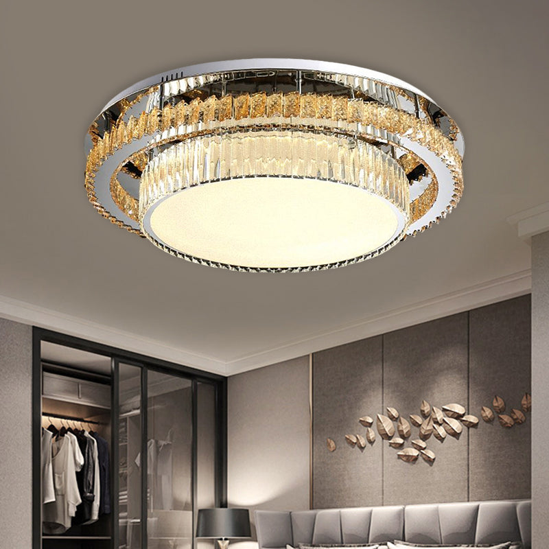 Modern Beveled Glass Crystal LED Drum Ceiling Lamp - 19.5"/23.5" Wide - Chrome Flushmount Lighting for Restaurants