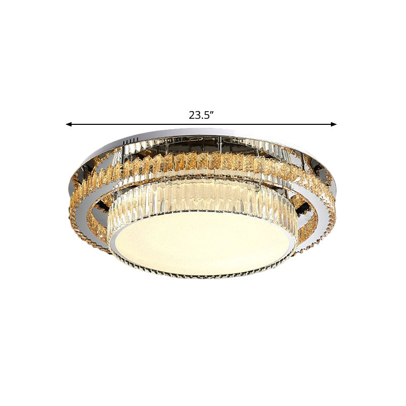 Modern Beveled Glass Crystal LED Drum Ceiling Lamp - 19.5"/23.5" Wide - Chrome Flushmount Lighting for Restaurants