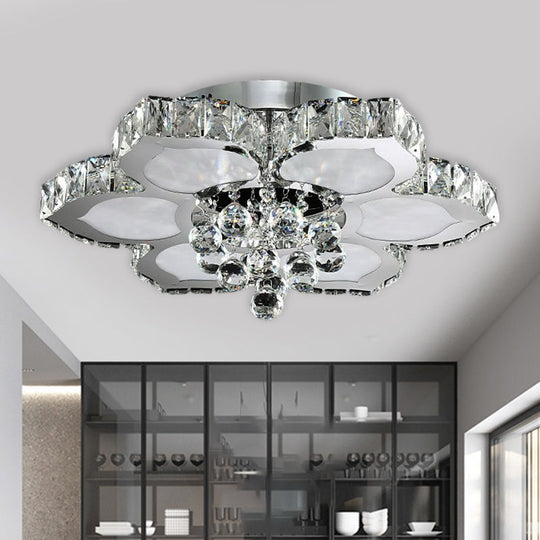 Contemporary Beveled Glass Lotus LED Flush Light in Chrome - Ideal for Bedroom, 17"/22" Wide