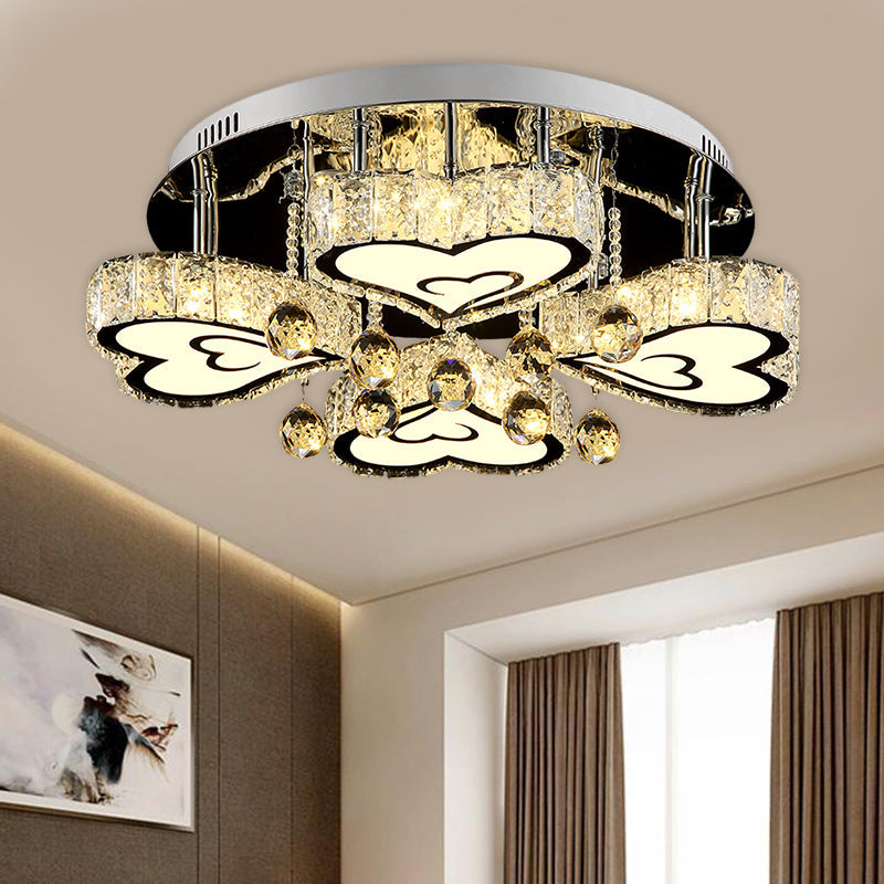 Contemporary Loving Heart Ceiling Fixture: LED Crystal Flush Mount Lamp with Chrome Finish