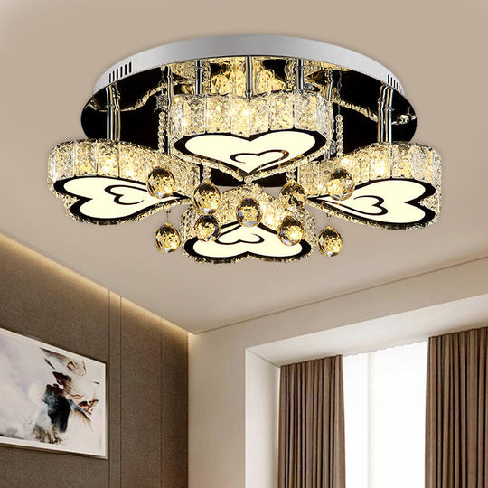 Contemporary Loving Heart Ceiling Fixture: LED Crystal Flush Mount Lamp with Chrome Finish