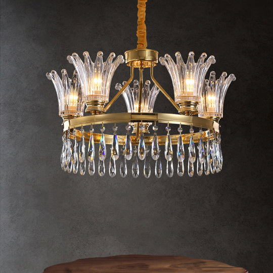 Classic Gold Flared Chandelier With Clear Crystals - 5/8 Bulb Ceiling Pendant