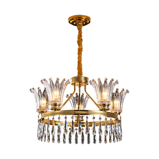 Classic Gold Flared Chandelier With Clear Crystals - 5/8 Bulb Ceiling Pendant