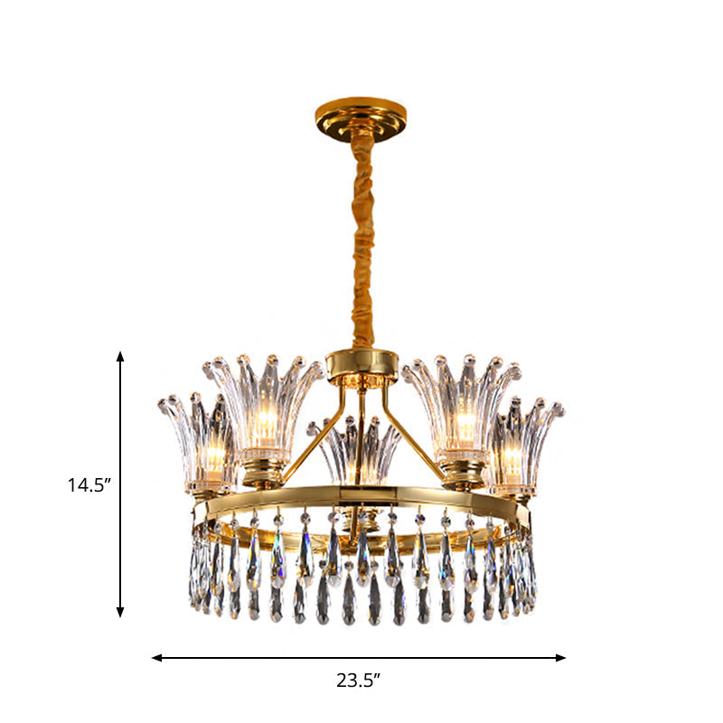 Classic Gold Flared Chandelier With Clear Crystals - 5/8 Bulb Ceiling Pendant