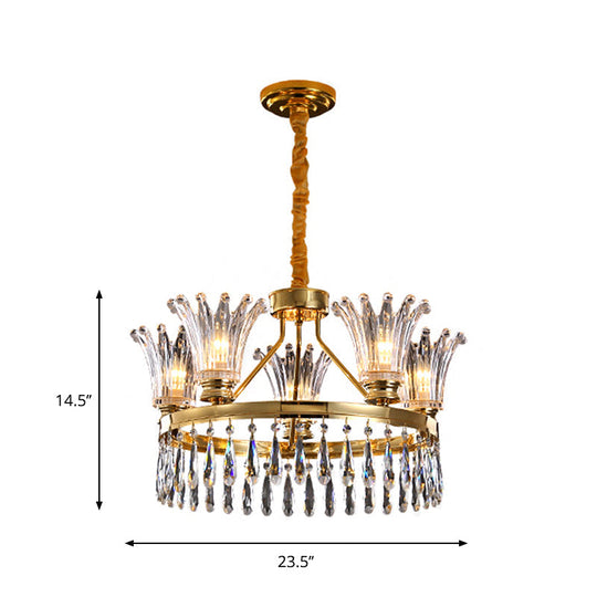 Classic Gold Flared Chandelier With Clear Crystals - 5/8 Bulb Ceiling Pendant