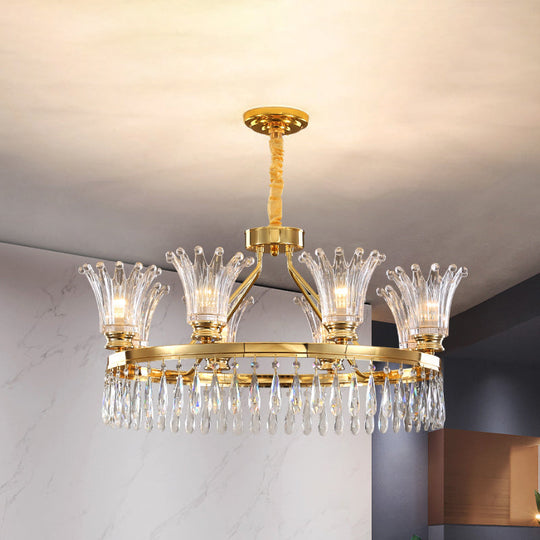 Classic Gold Flared Chandelier With Clear Crystals - 5/8 Bulb Ceiling Pendant