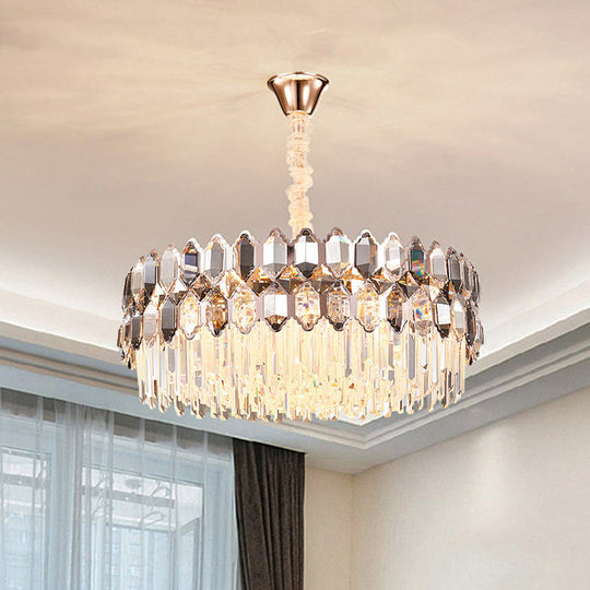 Modern Style Gold Chandelier: Round Ceiling Pendant with Clear Crystal Prisms, 12 Lights