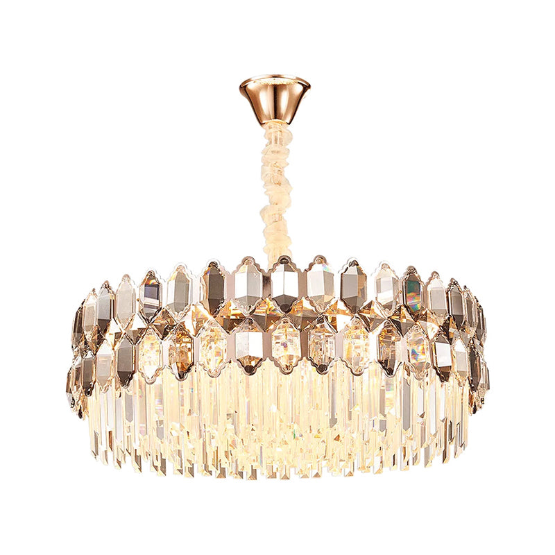 Modern Style Gold Chandelier: Round Ceiling Pendant with Clear Crystal Prisms, 12 Lights