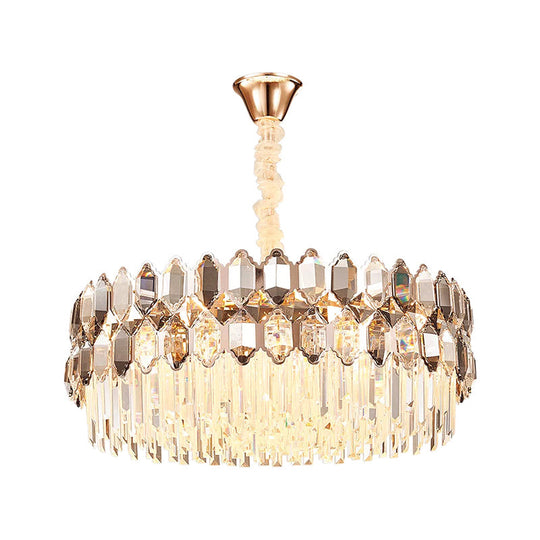 Modern Round Crystal Chandelier With 12 Gold Lights & Clear Prisms