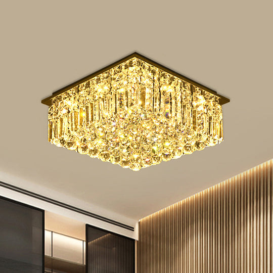 Modern Stainless Steel Square Ceiling Light with Clear Bevel Cut Glass - LED Flush Mount for Bedroom