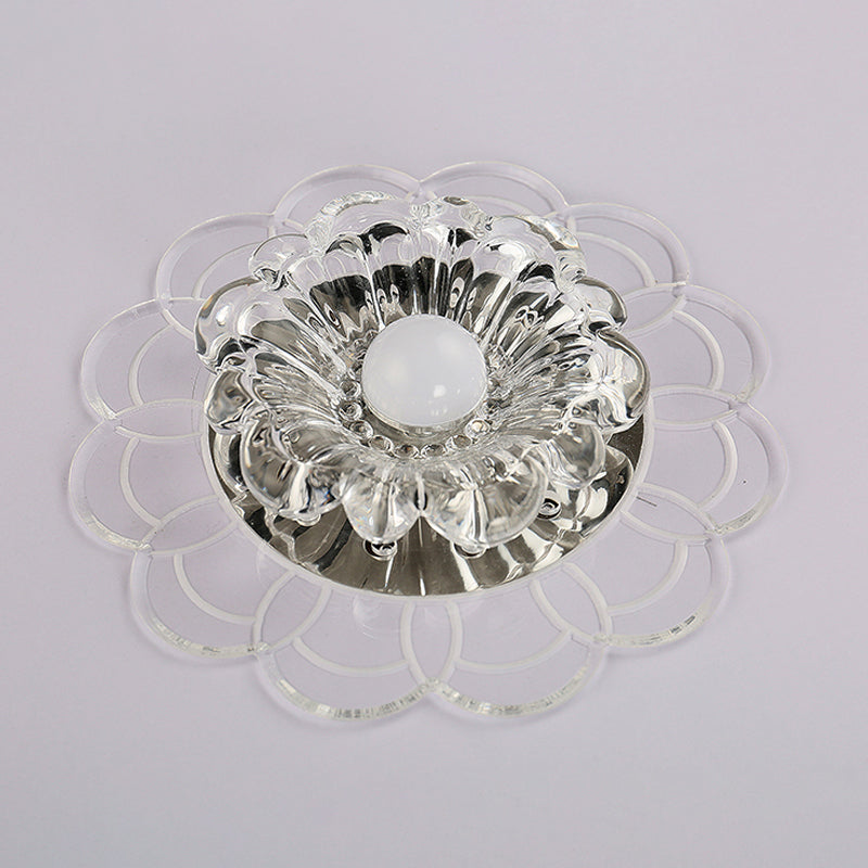 Silver Flush Mount LED Ceiling Light Fixture with Clear Crystal Flower Design - Warm/Multi Color Lighting for Doorways