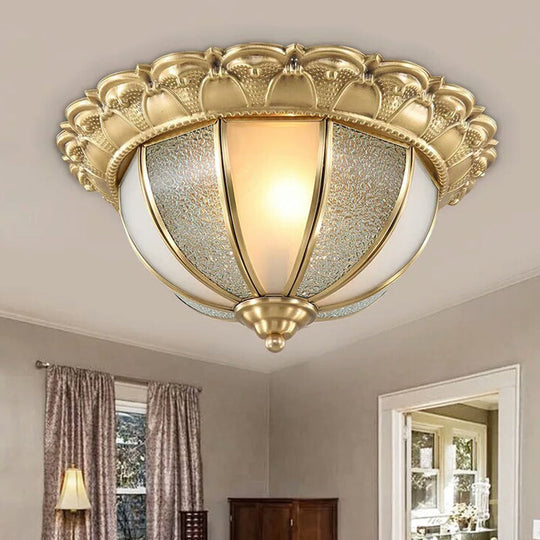 Colonial Gold & White Flush Ceiling Light with Textured Glass - 2-Bulb Domed Mount