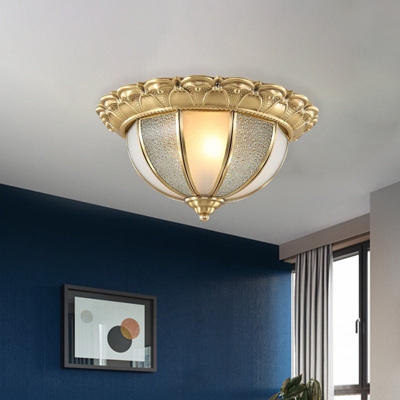 Colonial Gold & White Flush Ceiling Light with Textured Glass - 2-Bulb Domed Mount