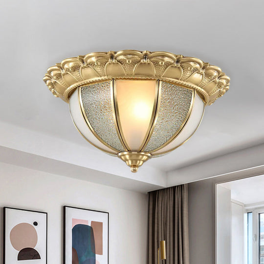 Colonial Gold & White Flush Ceiling Light with Textured Glass - 2-Bulb Domed Mount