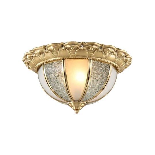 Colonial Gold & White Flush Ceiling Light with Textured Glass - 2-Bulb Domed Mount