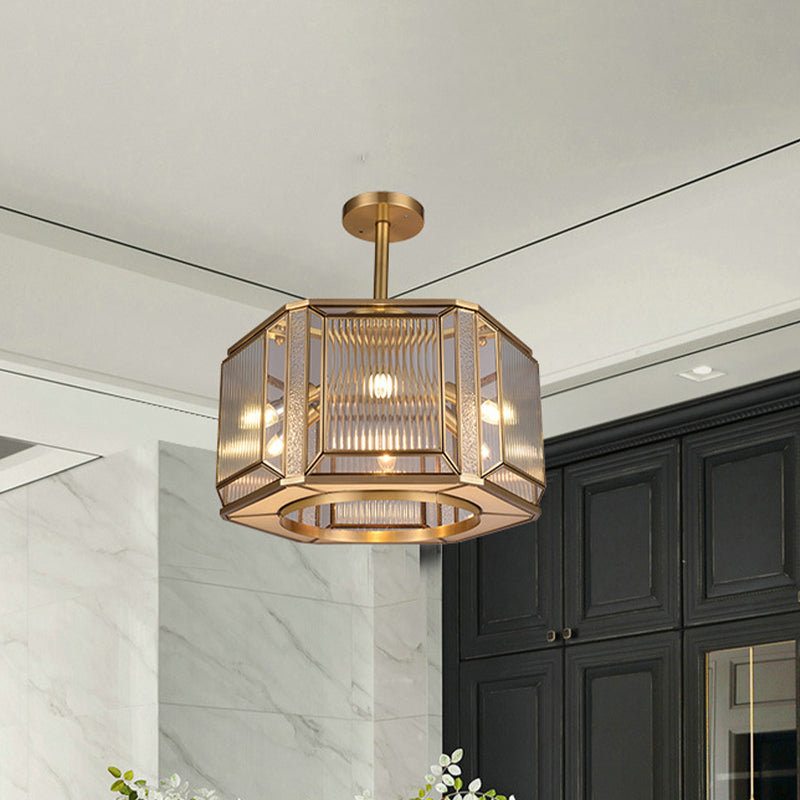 Hexagon Flush Mount Lighting with Clear Prismatic Glass - 6-Head, Colonial Gold Finish