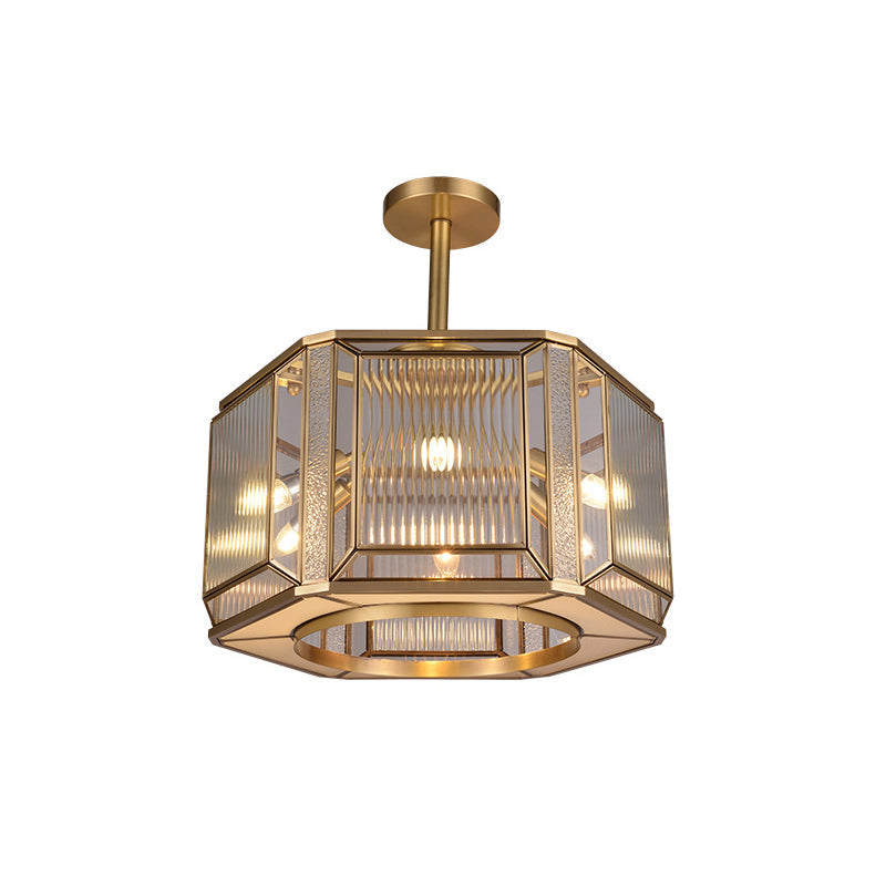 Hexagon Flush Mount Lighting with Clear Prismatic Glass - 6-Head, Colonial Gold Finish