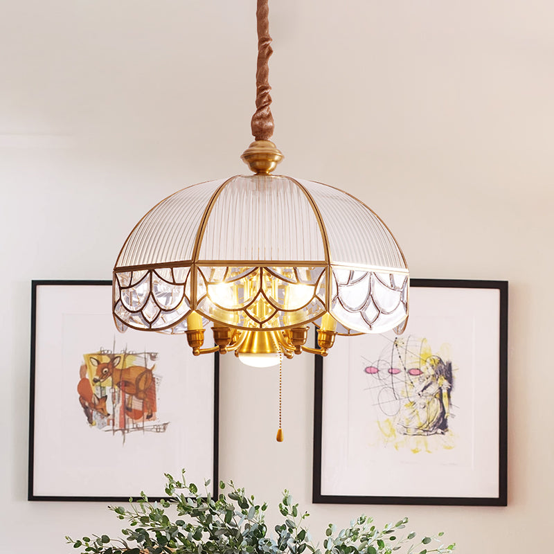 Prismatic Glass Gold Chandelier Lamp With 7-Bulb Colonial Design And Pull Chain Switch