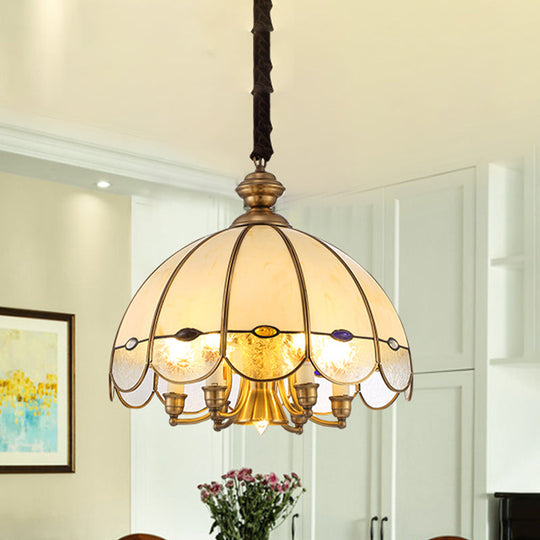 Scalloped Bubble Glass Chandelier: Colonial-Style 6-Head Pendant In Gold & Bead For Dining Room