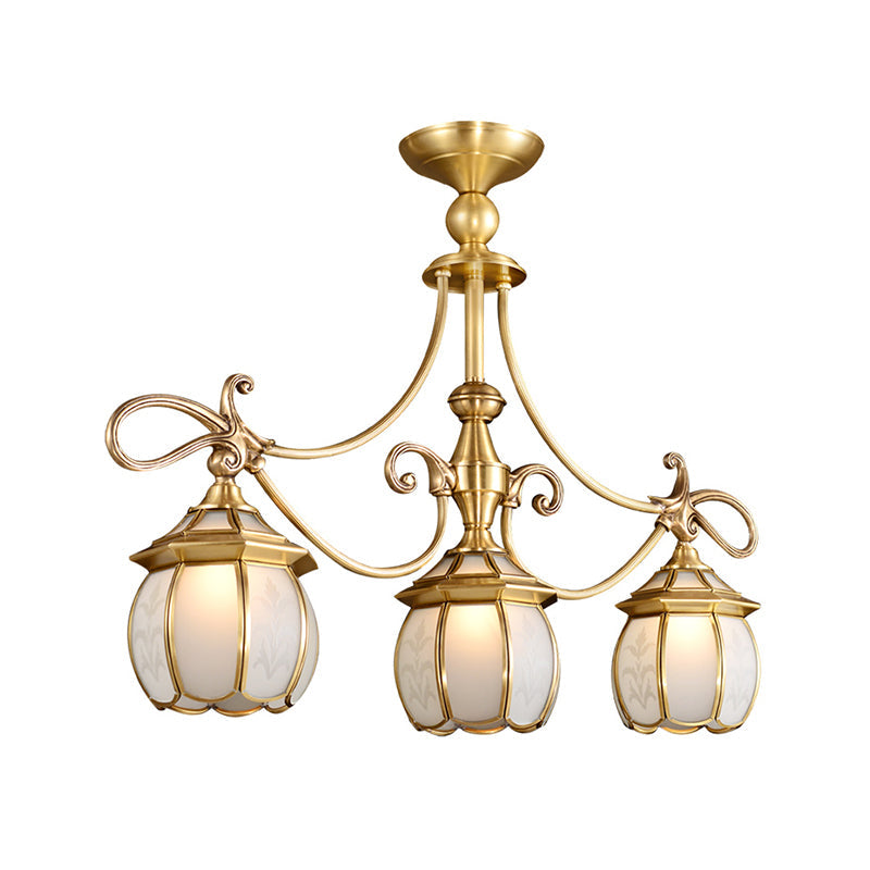 Colonial Lantern Island Light Fixture - 3-Light Ivory Glass Suspension Pendant In Gold For Dining