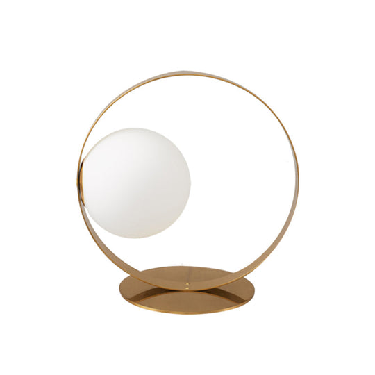 Gold Ring Table Lamp - Postmodern Iron Nightstand Light With Opaline Glass Shade