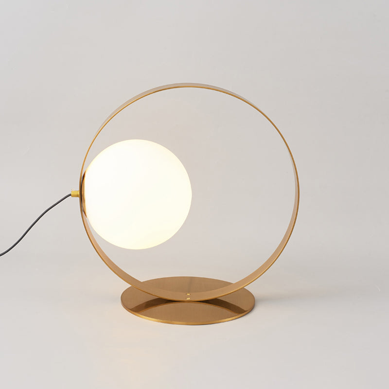 Gold Ring Table Lamp - Postmodern Iron Nightstand Light With Opaline Glass Shade