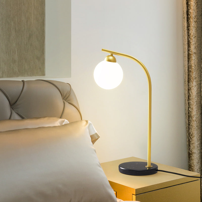 Modern Ball Shade Table Light With Ivory Glass | 1 Head Bedside Night Lamp Minimalist Design