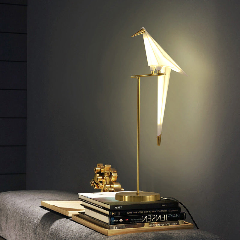 Paper-Crane Acrylic Led Night Lamp With Gold Stand - Designer Table Lighting For Bedside