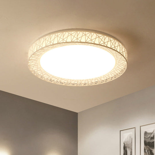 Modern Thin Iron Bird Nest Flush Light Fixture in White with LED Surface Ceiling Lamp and Recessed Diffuser - 16"/19.5" Wide