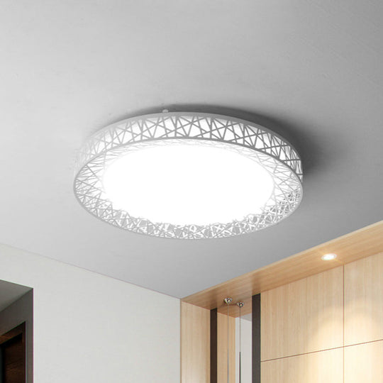 Modern Thin Iron Bird Nest Flush Light Fixture in White with LED Surface Ceiling Lamp and Recessed Diffuser - 16"/19.5" Wide