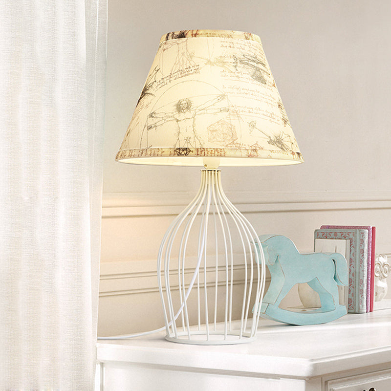 Classic White Tapered Nightstand Lamp - Traditional Fabric Shade Single Head Wire Cage Base For