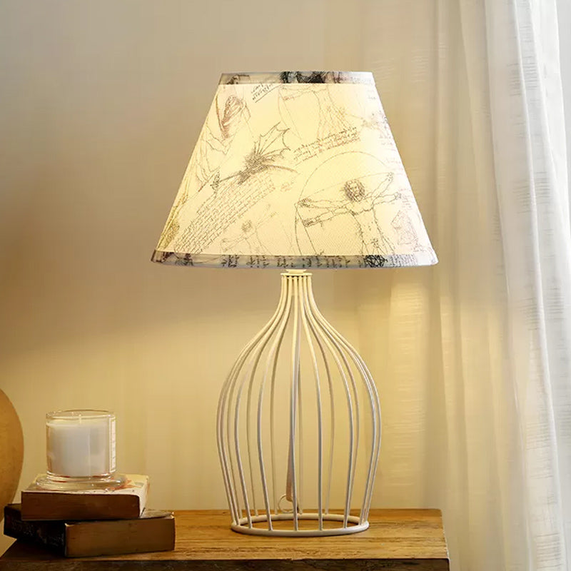 Classic White Tapered Nightstand Lamp - Traditional Fabric Shade Single Head Wire Cage Base For