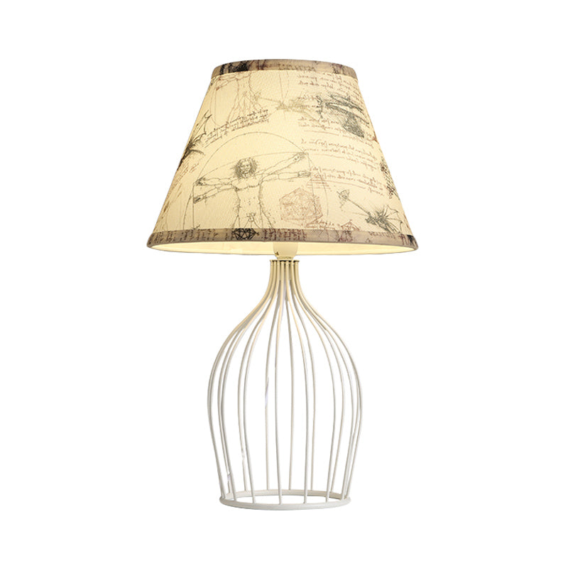 Classic White Tapered Nightstand Lamp - Traditional Fabric Shade Single Head Wire Cage Base For