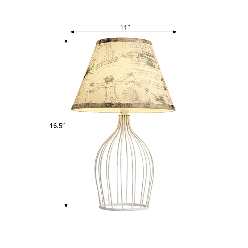 Classic White Tapered Nightstand Lamp - Traditional Fabric Shade Single Head Wire Cage Base For