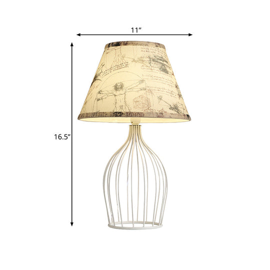 Classic White Tapered Nightstand Lamp - Traditional Fabric Shade Single Head Wire Cage Base For