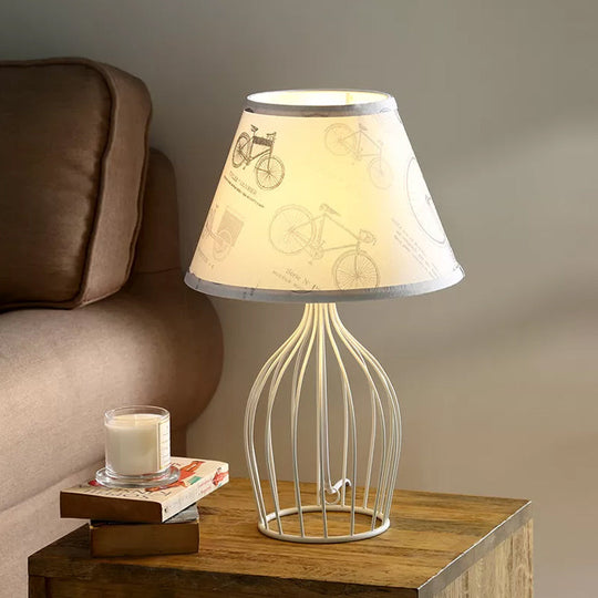 Classic White Tapered Nightstand Lamp - Traditional Fabric Shade Single Head Wire Cage Base For