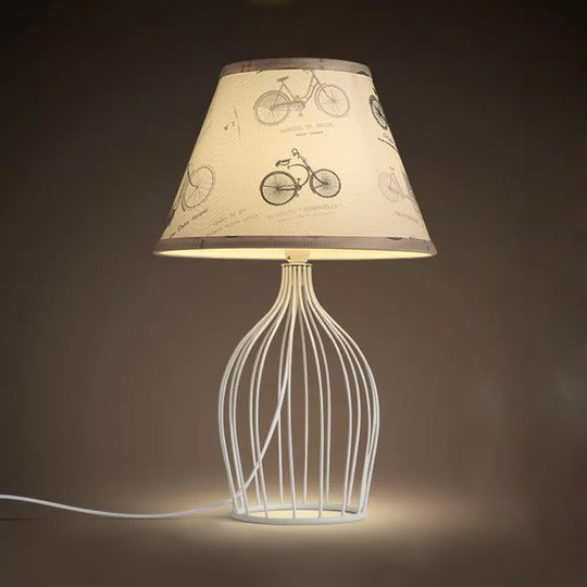 Classic White Tapered Nightstand Lamp - Traditional Fabric Shade Single Head Wire Cage Base For