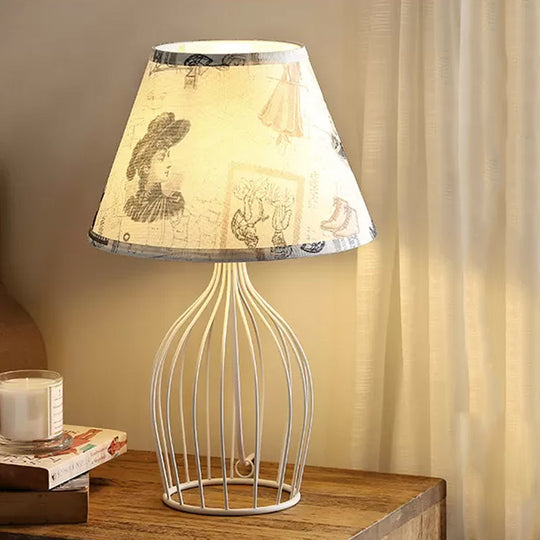 Classic White Tapered Nightstand Lamp - Traditional Fabric Shade Single Head Wire Cage Base For