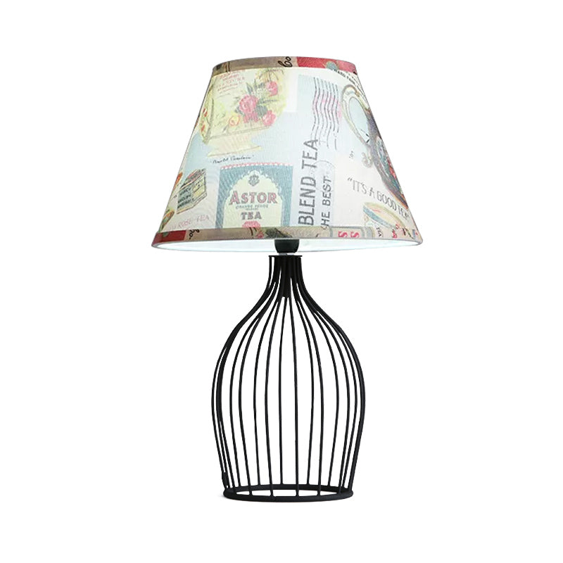 Traditional Black Nightstand Lamp With Metal Wire Cage Base