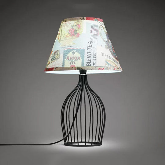 Traditional Black Nightstand Lamp With Metal Wire Cage Base