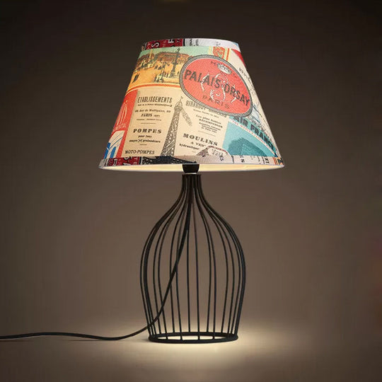 Traditional Black Nightstand Lamp With Metal Wire Cage Base