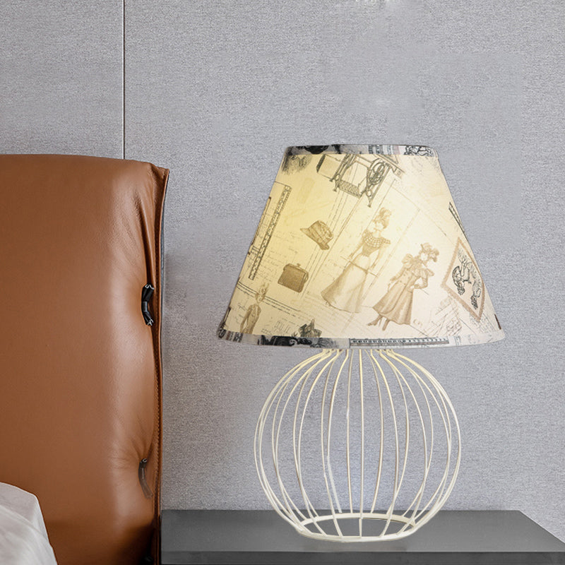 White 1-Light Desk Lamp With Traditional Fabric Shade And Wire Cage Base