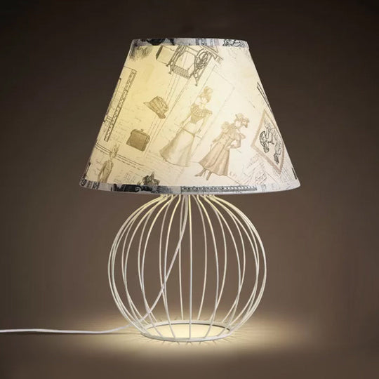 White 1-Light Desk Lamp With Traditional Fabric Shade And Wire Cage Base